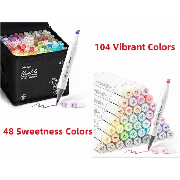 Ohuhu 48 Sweetness Colors & 104 Colors Alcohol Markers- Chisel and Brush Dual Tips - Honolulu of Ohuhu Markers