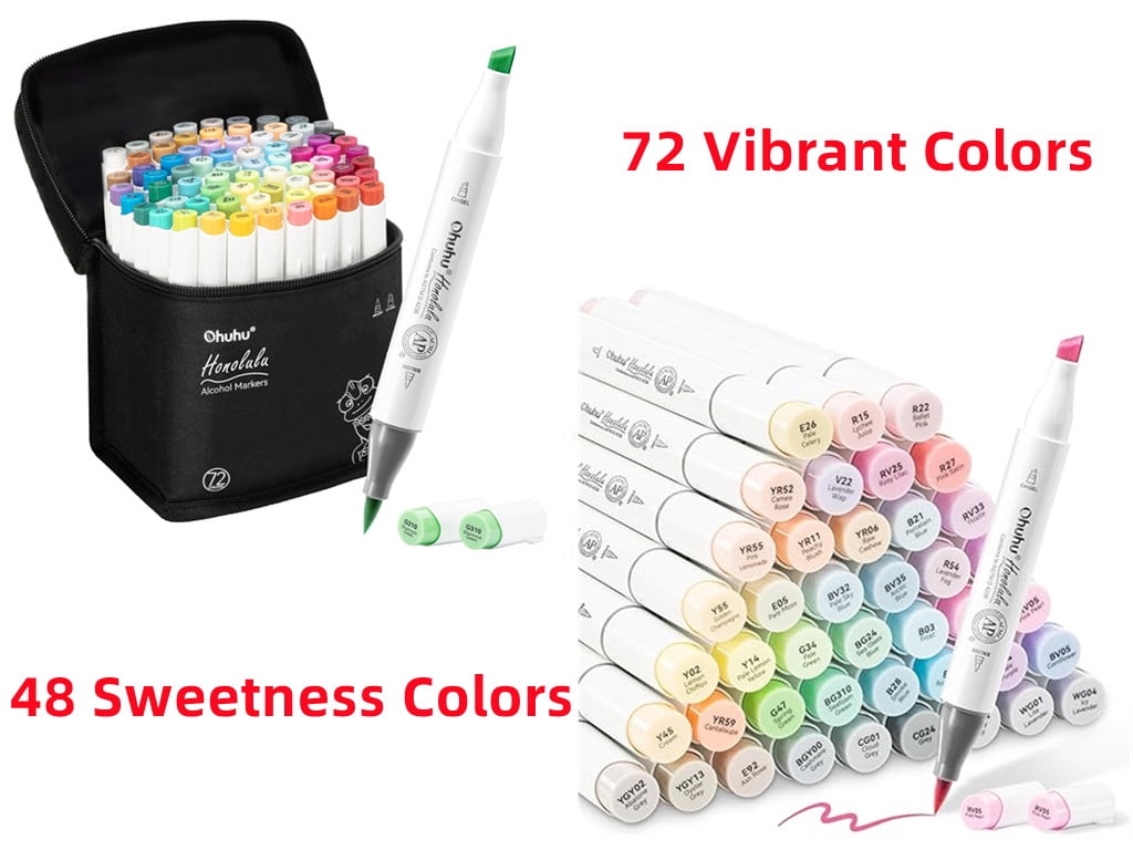 Ohuhu 48 Sweetness Colors & 72 Colors Alcohol Markers- Chisel and Brush Dual Tips - Honolulu of Ohuhu Markers