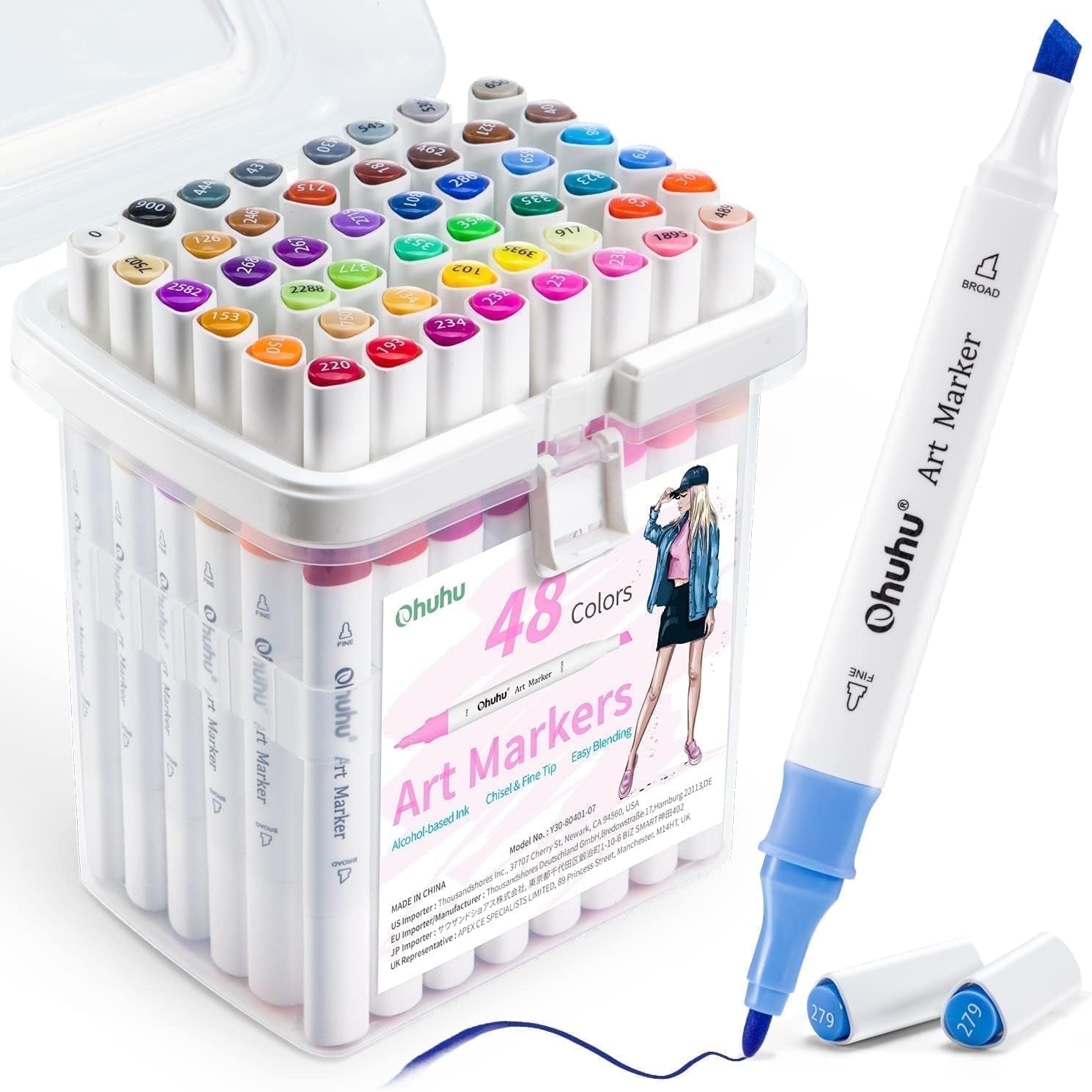 Ohuhu 48-color Double Tipped Chisel & Fine Alcohol-Based Art Marker Set for Adults Coloring Illustration
