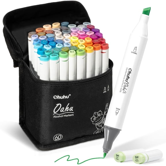 Ohuhu 60-Color Alcohol Markers, Dual Tip Chisel & Fine, with Colorless Blender, Oahu Series
