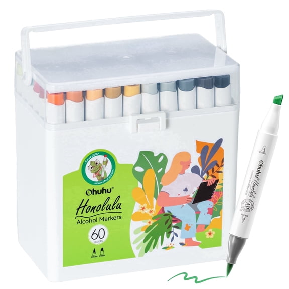 Ohuhu Unique 60 Colors Brush-and-Chisel Dual Tips Alcohol-Based Markers with 1 Colorless Blender for Coloring
