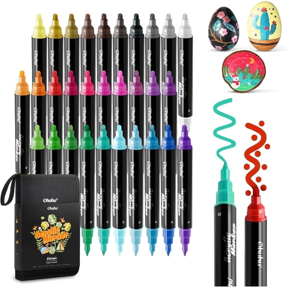 Ohuhu Acrylic Paint Markers, 30 Colors, Dual Tips (Round & Fine), Waterproof, High Opacity for Rock, Wood, Glass, Ceramic & Canvas Painting