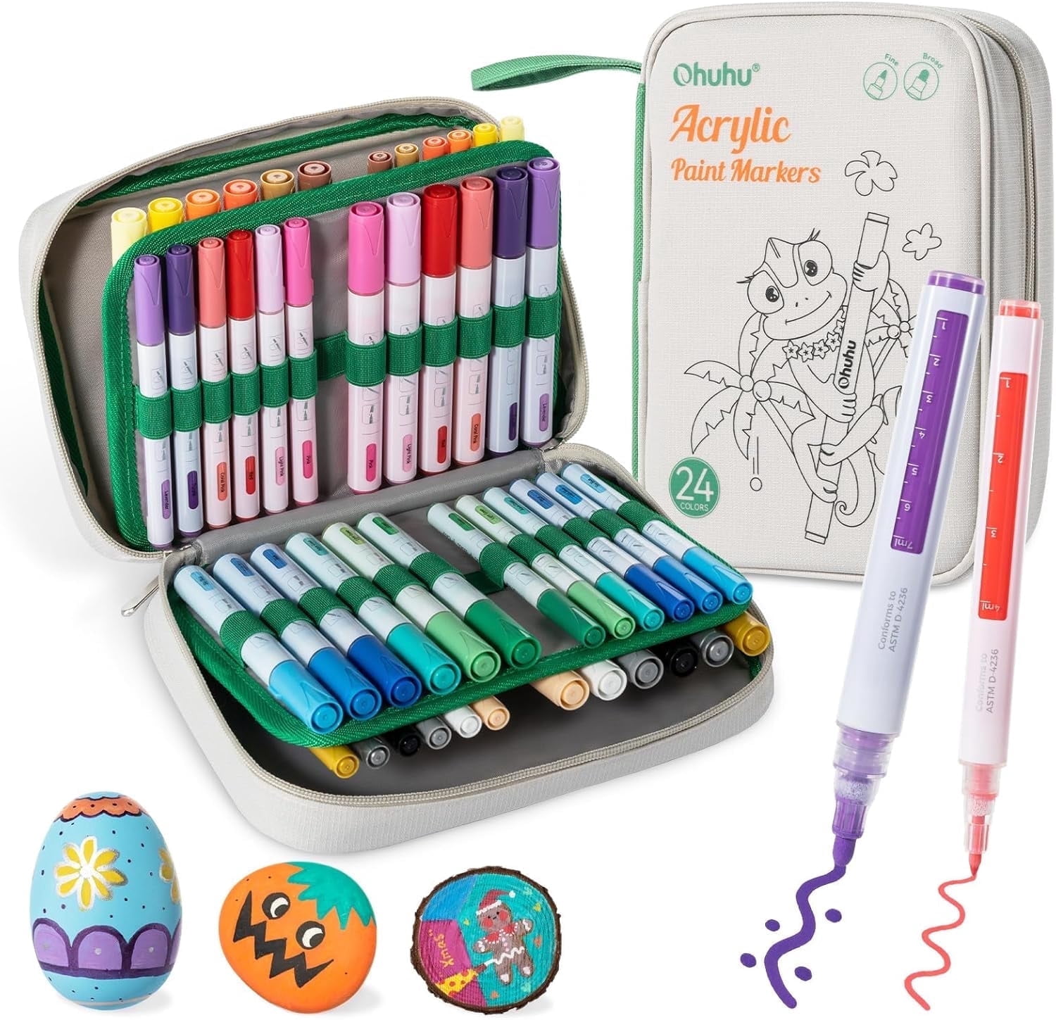 Ohuhu 48 Acrylic Markers, 24 Fine & 24 Round Tips, Reversible Chisel & Round, for Rock & Wood Surfaces