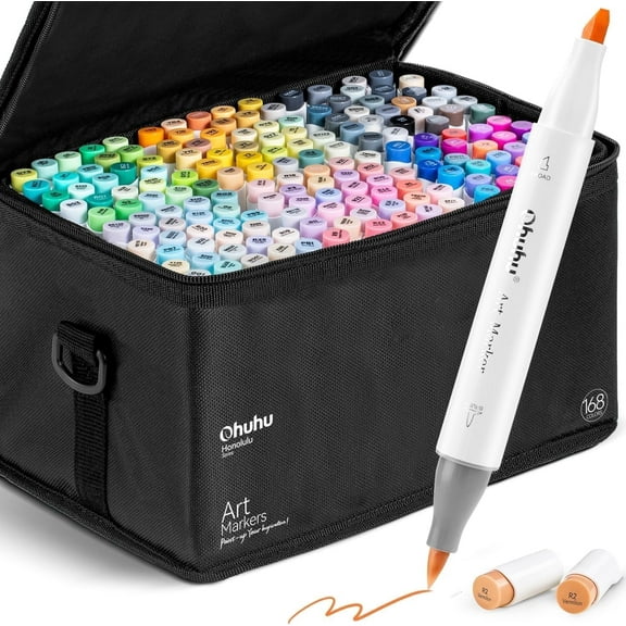 Ohuhu 168-Color Alcohol Brush Markers, Dual Tip Brush & Chisel, Refillable with Blender, Honolulu