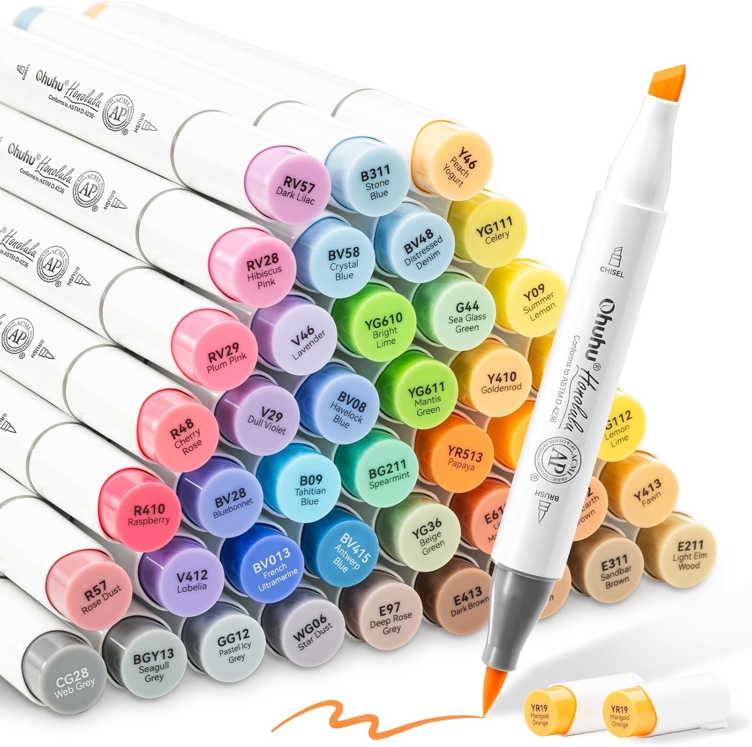 Ohuhu Alcohol Brush Markers 48 Mid-tone Colors Brush & Chisel Dual Tips- Honolulu- Refillable- New Color Codes