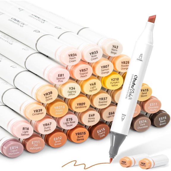Ohuhu Alcohol Markers 36 Skin-Tone Colors for Portrait Illustration- Chisel & Fine - Oahu - Refillable- New Color Codes