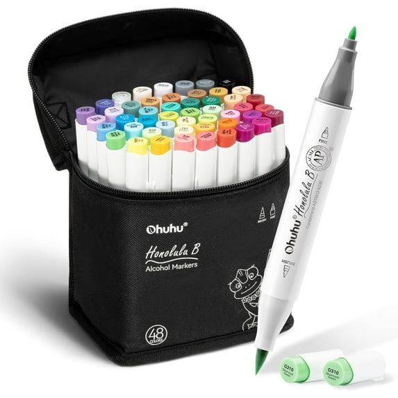Ohuhu Alcohol Markers 48 Colors -Brush & Fine -Honolulu B -Refillable  for Artist Adults Coloring Illustration