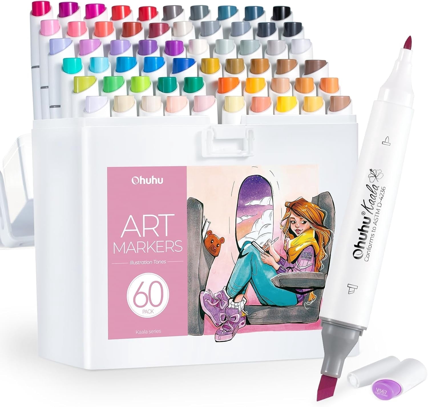 Ohuhu 60 Colors Alcohol Markers, Slim Broad & Fine Double Tips, Refillable Kaala Series for Artists