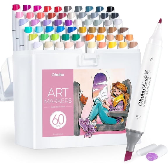 Ohuhu 60 Colors Alcohol Markers, Slim Broad & Fine Double Tips, Refillable Kaala Series for Artists
