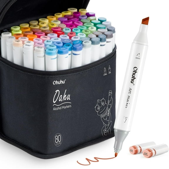 Ohuhu Alcohol Markers 80 Colors Dual Tip -Chisel &Fine -Art Marker Set for Adults Coloring Illustration -Refillable -Oahu