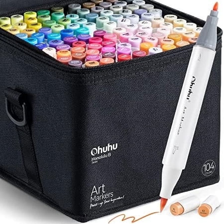 Ohuhu Alcohol Markers Honolulu B 104-Color Set, Dual Tip Brush & Fine, Refillable for Artists & Adults, Illustration & Coloring