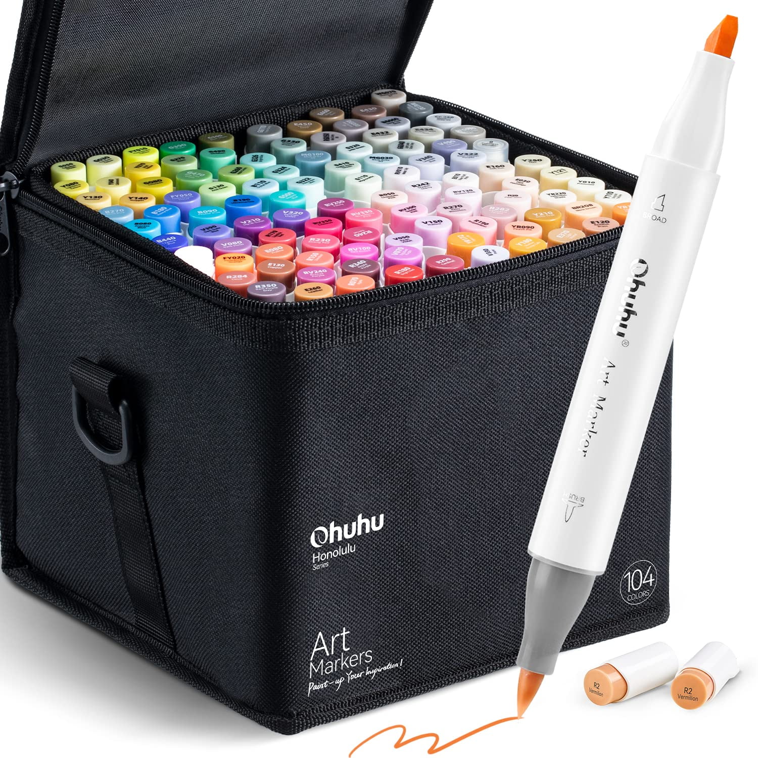 Ohuhu Alcohol Markers Brush Tip- 104-color Double Tipped Alcohol Based Art Marker Set for Artists Adults Coloring Illustration- Honolulu of Ohuhu Markers- Dual Tip Brush & Chisel- Refillable