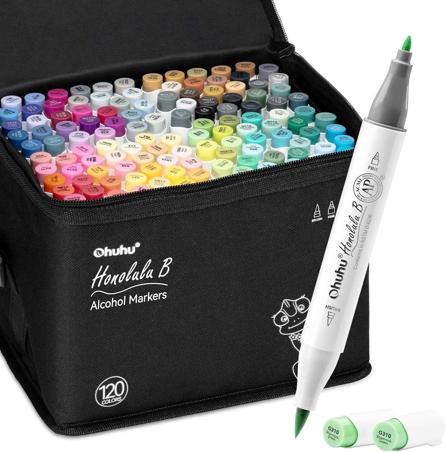 Ohuhu Alcohol Markers Brush Tip -120 Colors Brush & Fine Double Tipped Art Marker Set-Honolulu B-Refillable-New Color Codes