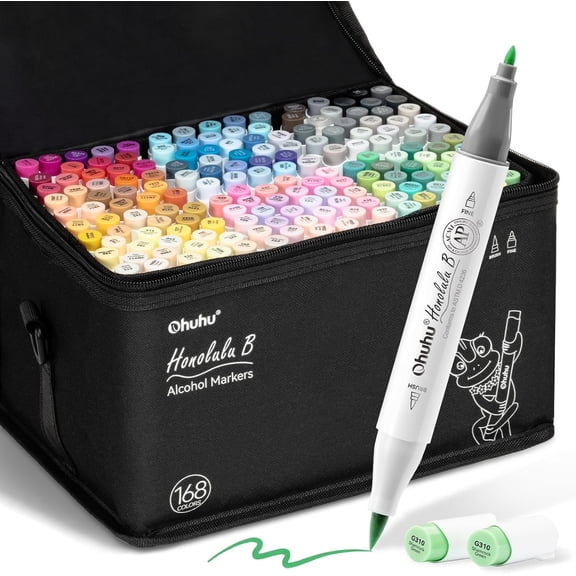 Ohuhu Alcohol Markers Brush Tip: 168-Color Double Tipped Art Marker Set -Honolulu B -Brush & Fine -Refillable- New Color Codes