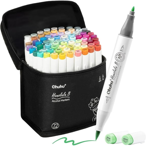 Ohuhu Alcohol Markers Brush Tip 72 Colors- Alcohol-based Refillable Ink- Fine & Brush Dual Tips - Honolulu B -New Color Codes