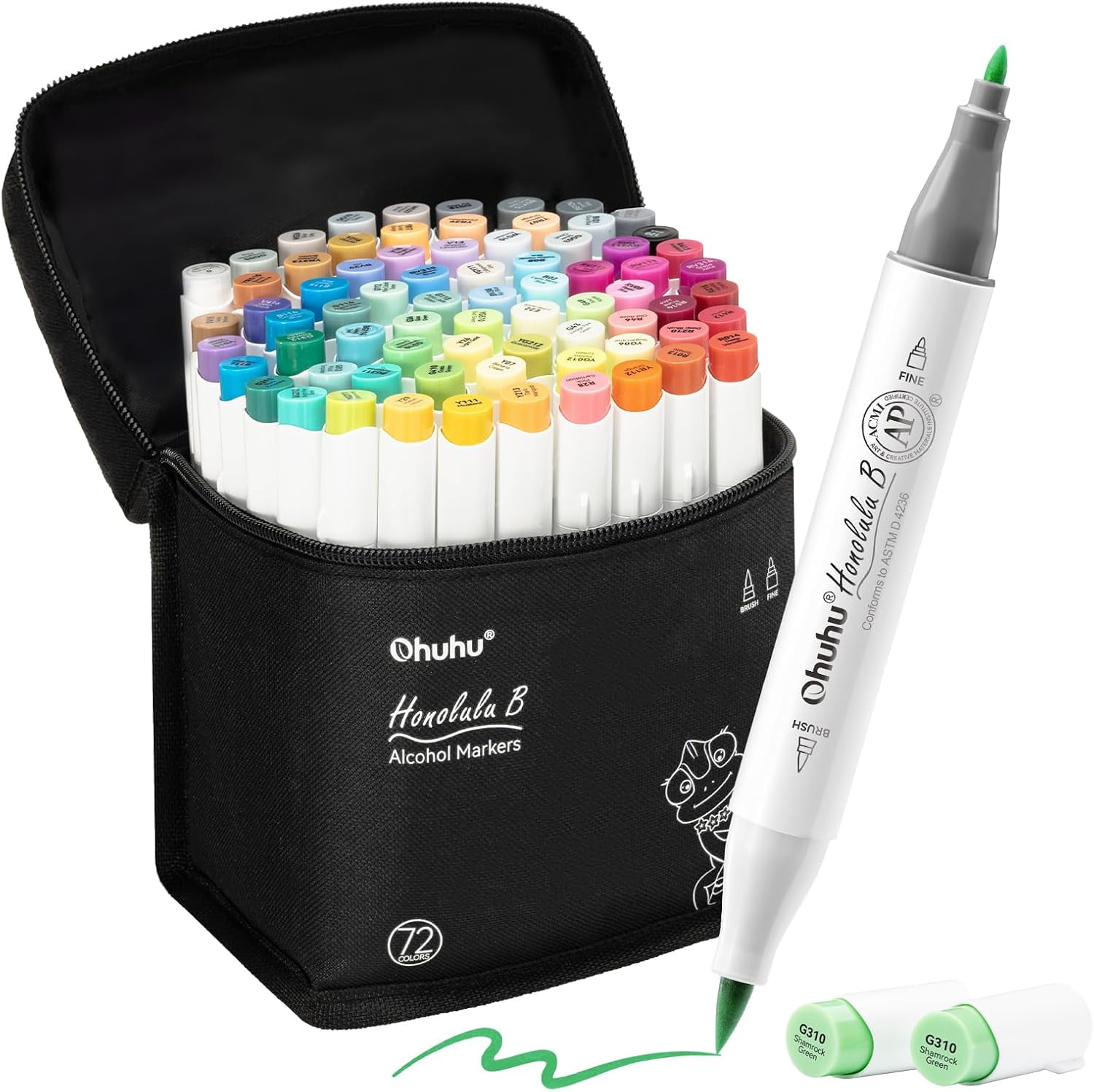 Ohuhu Alcohol Markers Brush Tip 72 Colors Fine & Brush Dual Tips - Honolulu B - Refillable Ink