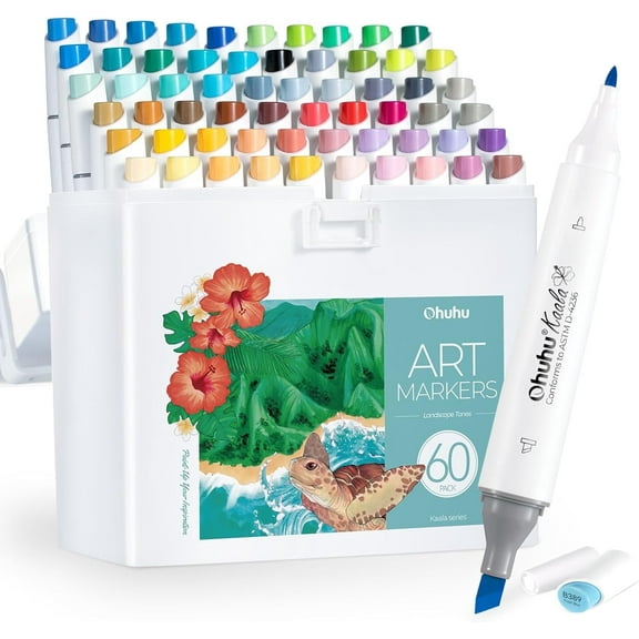 Ohuhu Alcohol Markers Double Tipped Slim Broad and Fine Art Marker for Artists Adult Coloring Drawing Landscape Sketch - 60 Colors Kaala Markers Refillable Art Pen Gift