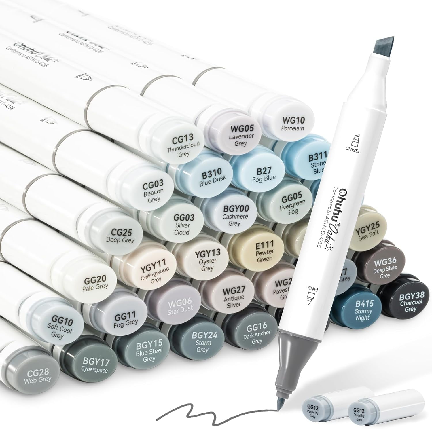 Ohuhu Alcohol Markers Gray Tone 36-Color Set, Chisel & Fine Tipped, Refillable- Oahu