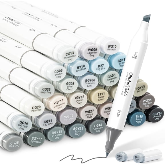 Ohuhu Alcohol Markers Gray Tone 36-Color Set, Chisel & Fine Tipped, Refillable- Oahu