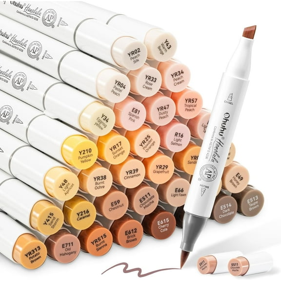 Ohuhu Alcohol Markers Skin Tone Brush Tip 36 Portrait Colors - Refillable Ink - Brush & Chisel Dual Tips- Honolulu -New Color Codes