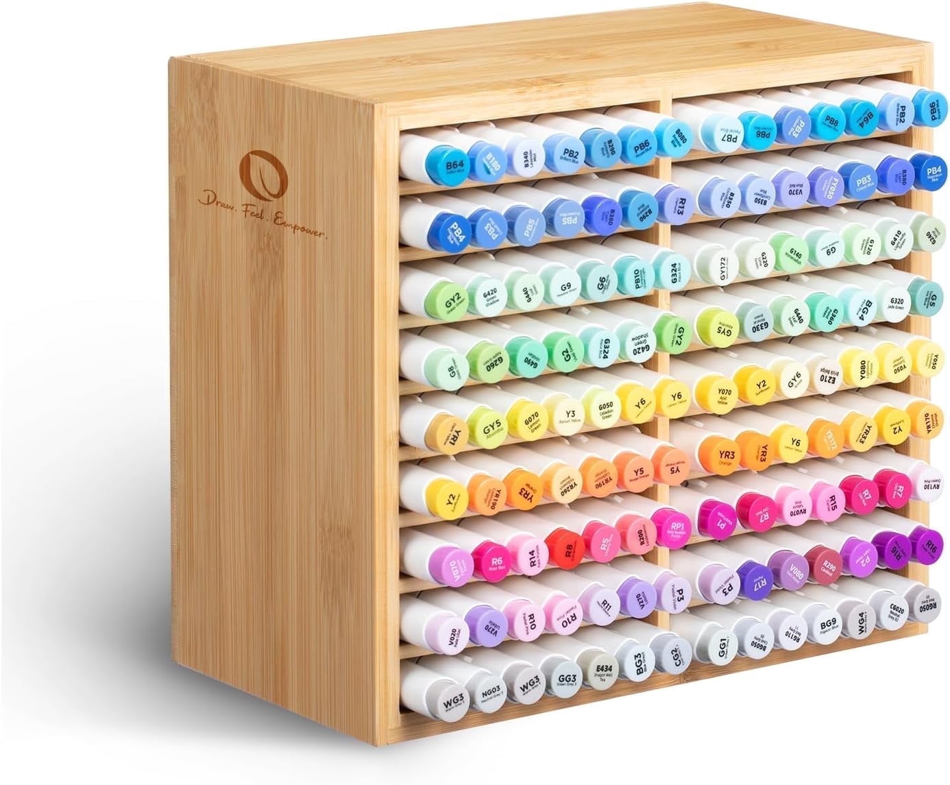 Ohuhu Bamboo Marker Organizer, Holds 126 Markers or Brushes, 18-Compartment Desktop Holder for Home