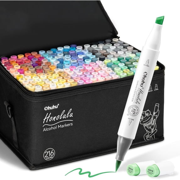 Ohuhu 216-Color Brush Markers, Dual Tip Brush & Chisel, Alcohol-Based, Refillable, Honolulu Series for Adults Coloring