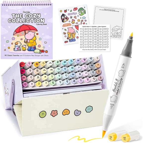Ohuhu Coco Wyo Co-branded Coloring Set, 48 Alcohol Markers, Brush & Fine Tips, Coloring Book, Honolulu B, Adult Beginners & Artists