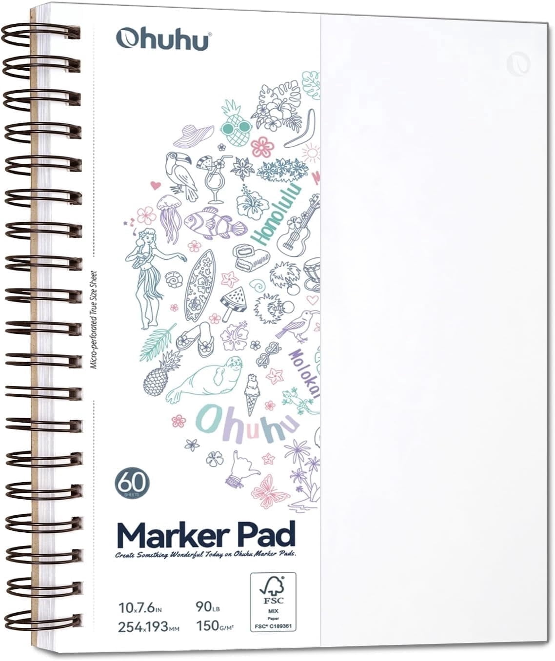 Ohuhu Double-Sided Marker Pad Art Sketchbook Bleedproof 7"x10" 90 lb/150 GSM Smooth Paper 60 Sheets/120 Pages Spiral Bound for Alcohol Markers