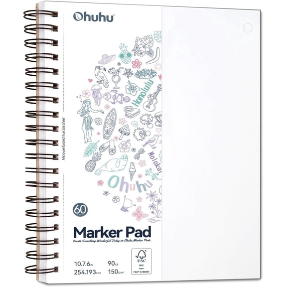 Ohuhu Double-Sided Marker Pad Art Sketchbook Bleedproof 7"x10" 90 lb/150 GSM Smooth Paper 60 Sheets/120 Pages Spiral Bound for Alcohol Markers