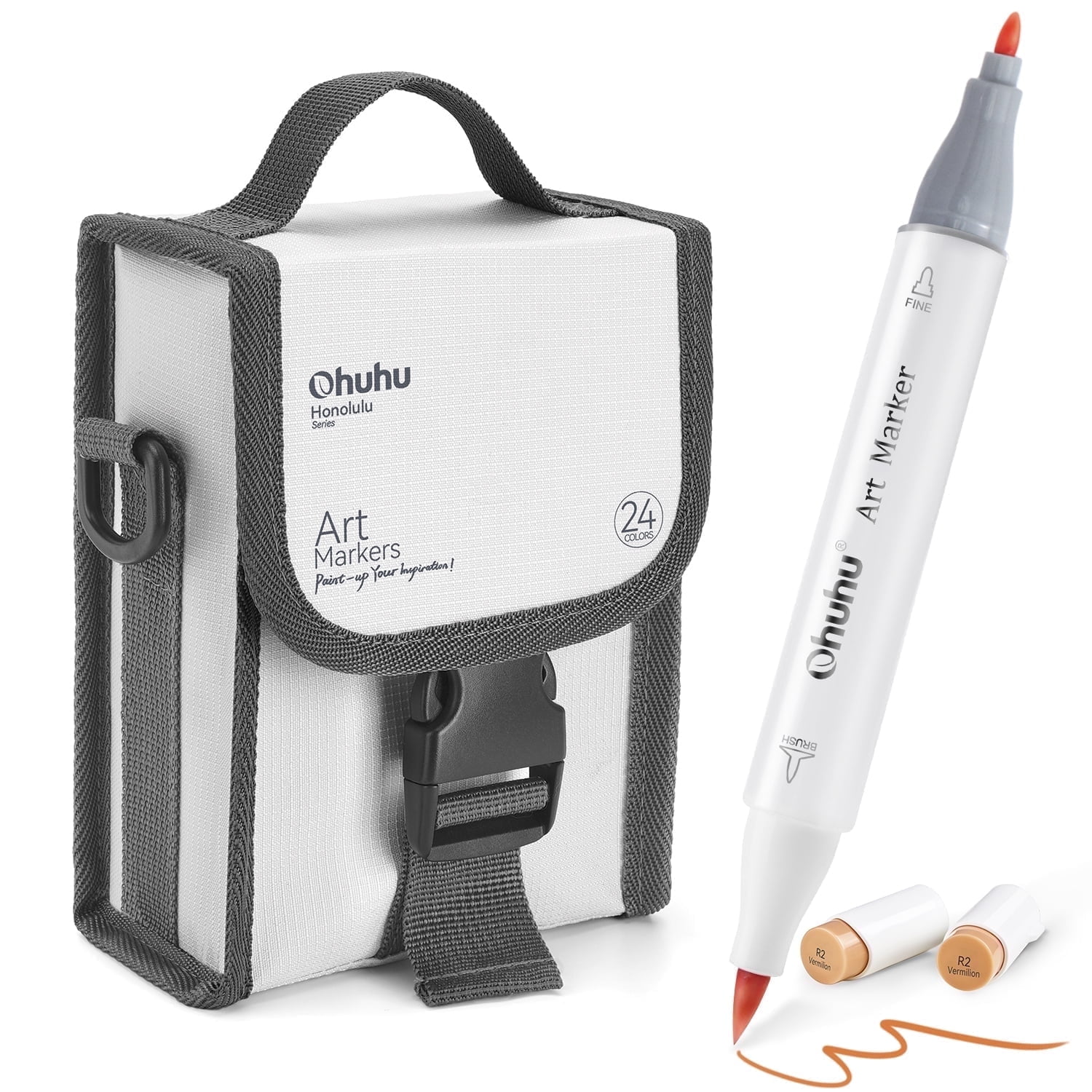 Ohuhu Honolulu Series 24 Colors Art Marker Carrying Case and Color Blender, Brush & Fine Point