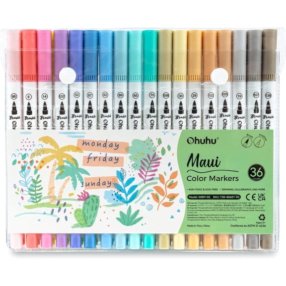 Ohuhu Markers for Adult Coloring Books No bleeding 36 Pastel Colors Coloring Markers Water-based Dual Tips Fineliner & Brush Drawing Pens Art Markers for Adults Sketch Journal - Maui