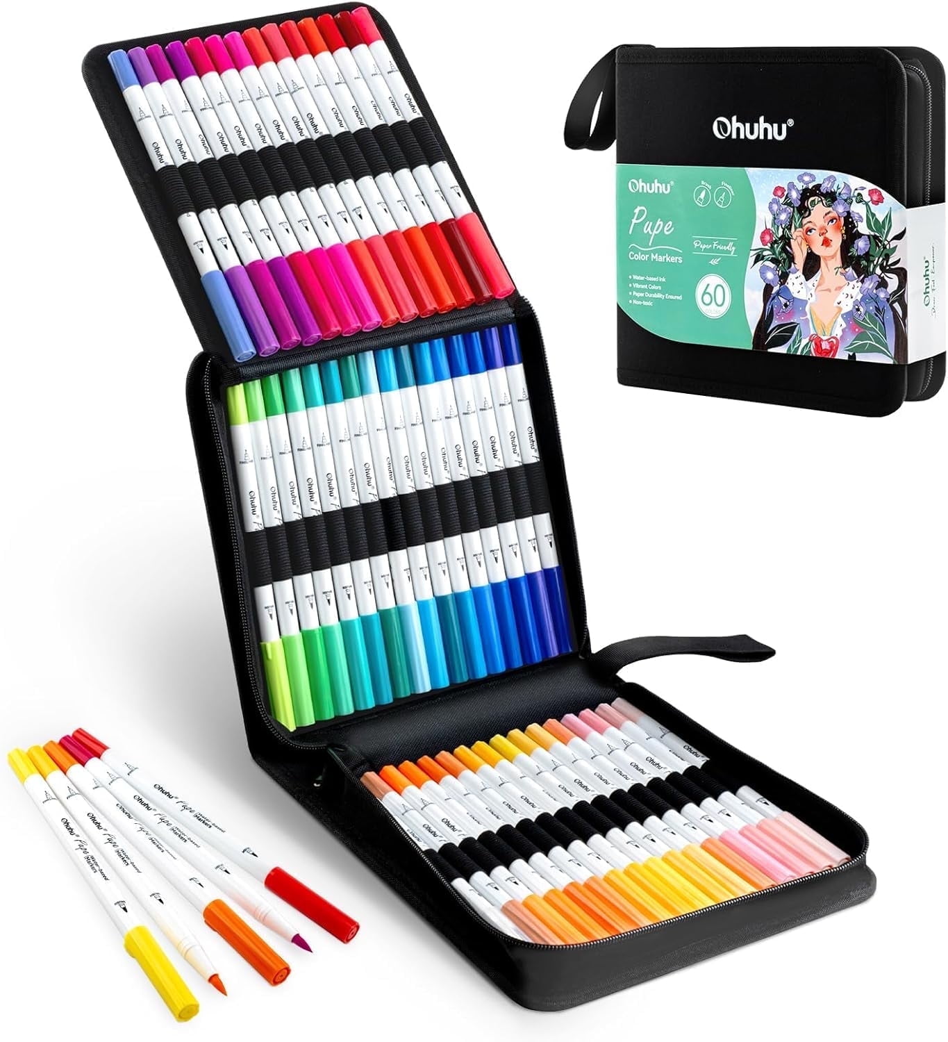 Ohuhu 60 Water-Based Dual Tip Markers, Brush & Fineliner, No Bleed for Calligraphy & Coloring