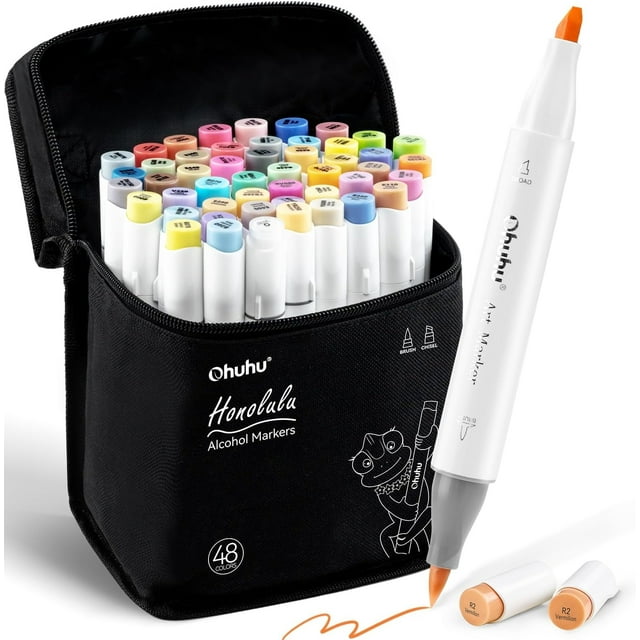 Ohuhu Alcohol Brush Markers, 48 Mid-Tone Colors, Brush & Chisel Dual Tips, Refillable Art Set for Artists and Sketching