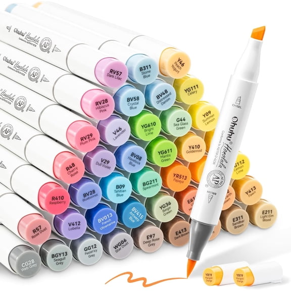 Ohuhu Alcohol Brush Markers, 48 Mid-Tone Colors, Brush & Chisel Dual Tips, Refillable Art Set for Artists and Sketching