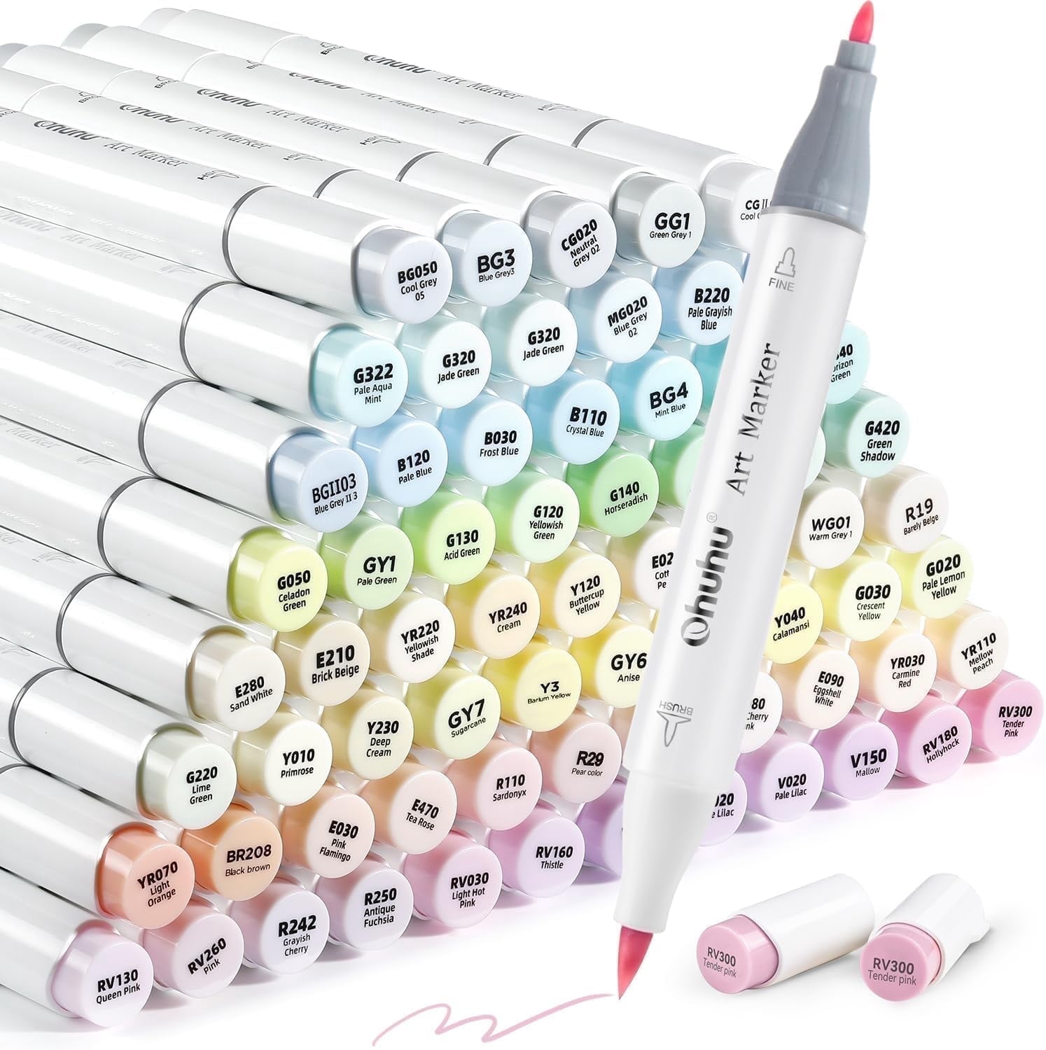 Ohuhu 96 Pastel Alcohol Markers, Brush & Fine Tips, for Adult Coloring & Illustration, Honolulu B Series