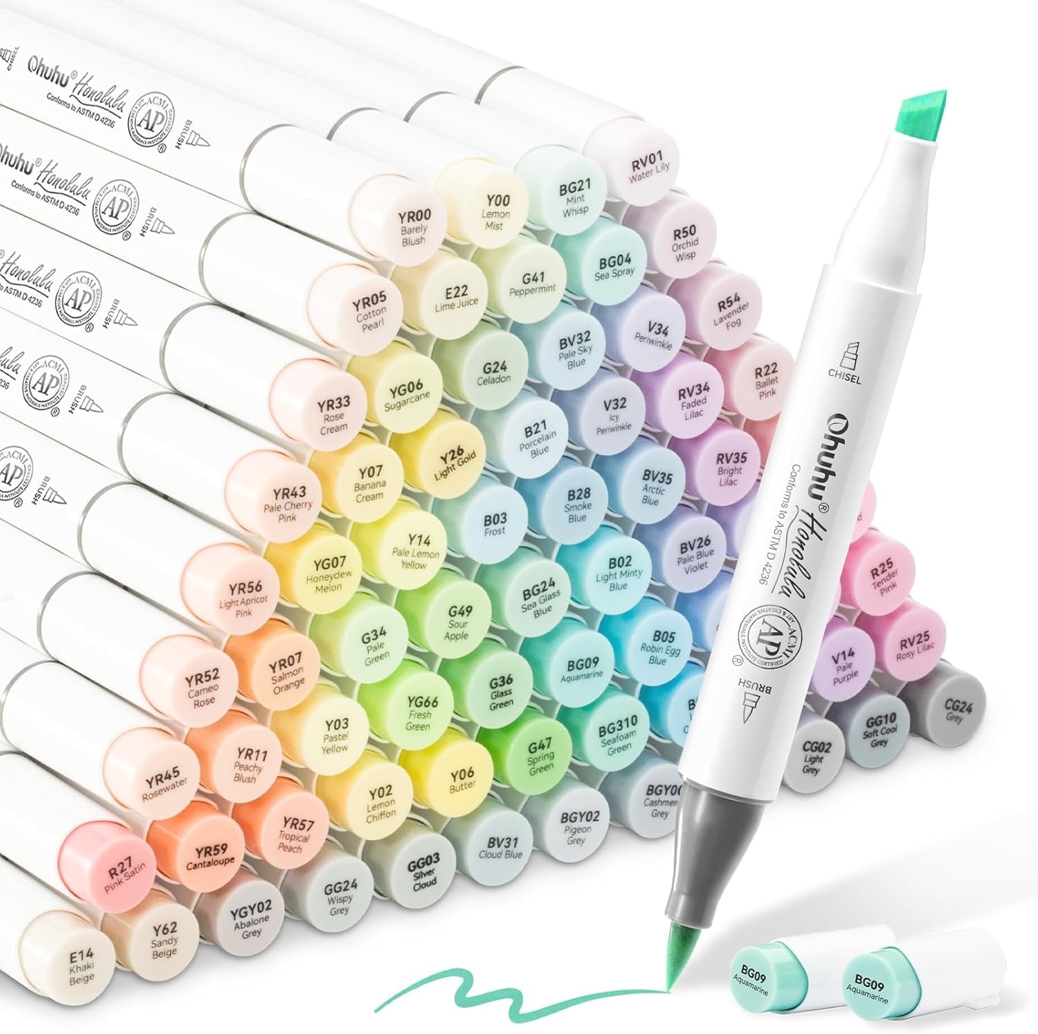 Ohuhu Pastel Markers Alcohol Based -96 Pastel Colors of Honolulu Sweetness + Blossoming - Brush & Chisel - Refillable Ink-New Color Codes