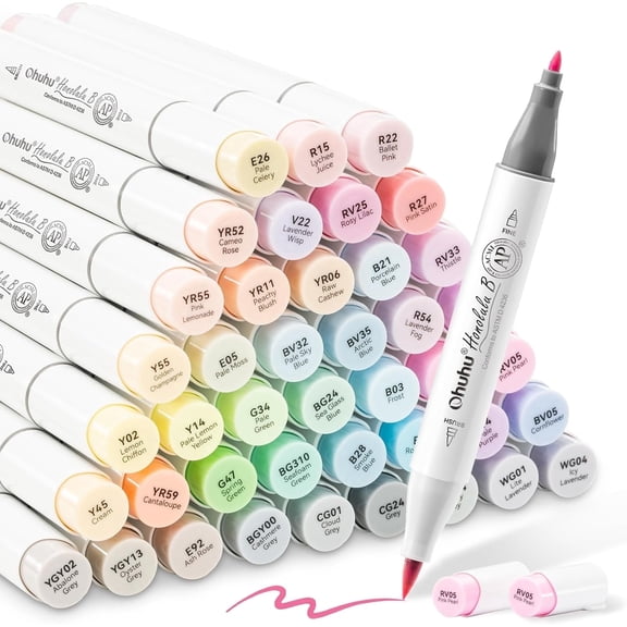 Ohuhu Pastel Brush Tip Alcohol-Based Markers Set for Sketching & Illustration, 48 Colors + 1 Blender, Brush & Fine, Honolulu B