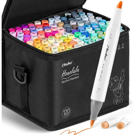 Ohuhu 120 Colors Alcohol Markers, Double Tipped (Brush & Chisel), Refillable Ink for Artists, Adults, Coloring & Illustration - Honolulu
