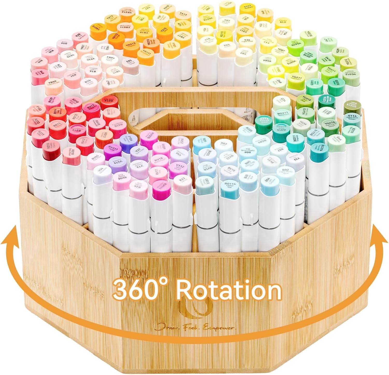 Ohuhu 360° Rotating Bamboo Organizer for 162 Honolulu & B Alcohol Markers, Storage Holder with 10 Compartments for Home and Office