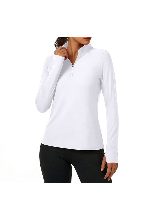 1/4 Zip Workout Tops for Women Sun Protection Stand Collar Running Shirts Long Sleeve Quick Dry Athletic Shirts with Thumb Holes White M