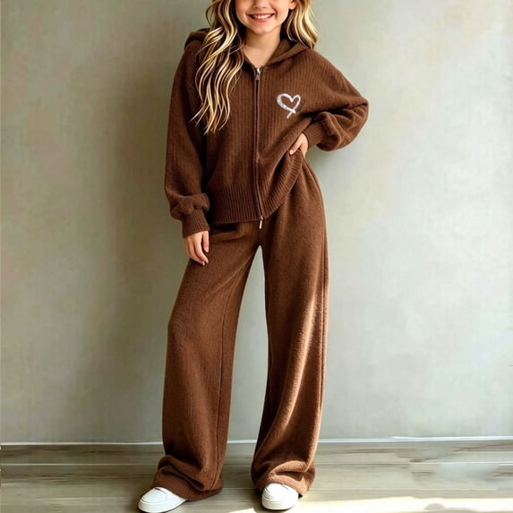 Oiangi 2 Piece Outfits for Girl Winter Sweater Clothes Zip-Up Hoodie and Pant Fashion Knitted Sets Brown 12-13 Years