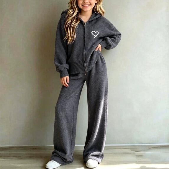 Oiangi 2 Piece Outfits for Girl Winter Sweater Clothes Zip-Up Hoodie and Pant Fashion Knitted Sets Dark Gray 12-13 Years