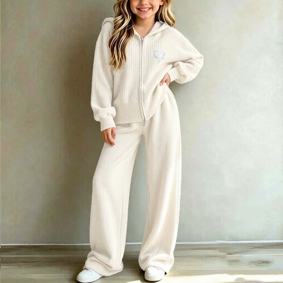 Oiangi 2 Piece Outfits for Girl Winter Sweater Clothes Zip-Up Hoodie and Pant Fashion Knitted Sets White 13-14 Years