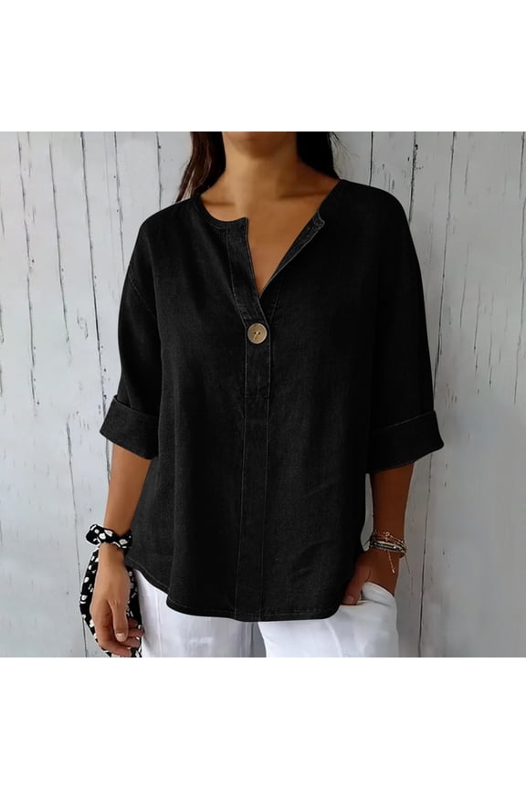 3/4 Length Sleeve Blouses Women Plus Size Henley V Neck Tops Casual Loose Rolled Sleeve Button Tees Black 5XL
