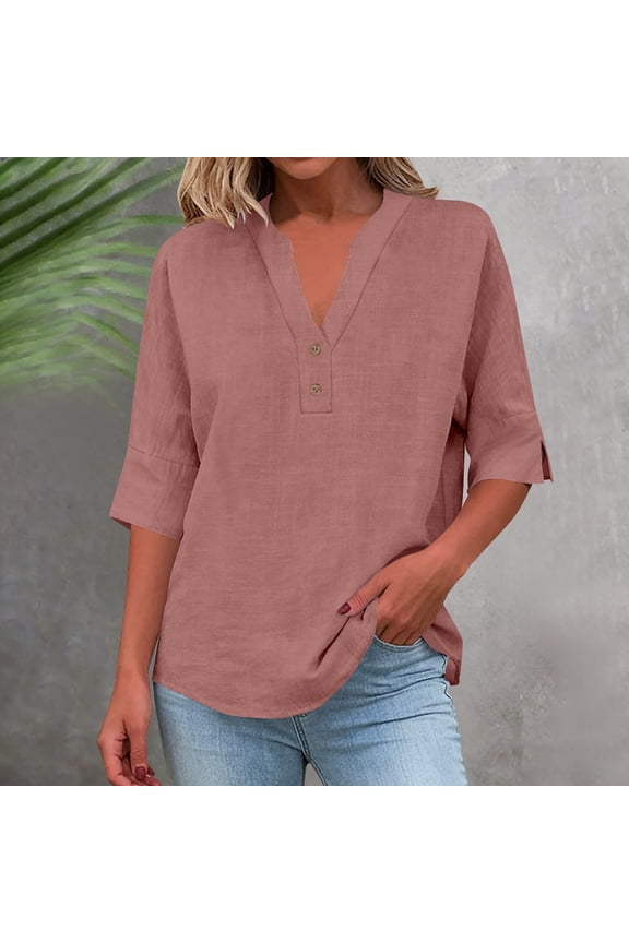 3/4 Sleeve Shirts Women Henley V Neck Button Tops Summer Cotton Linen Split Sleeve Blouses Rose Gold L