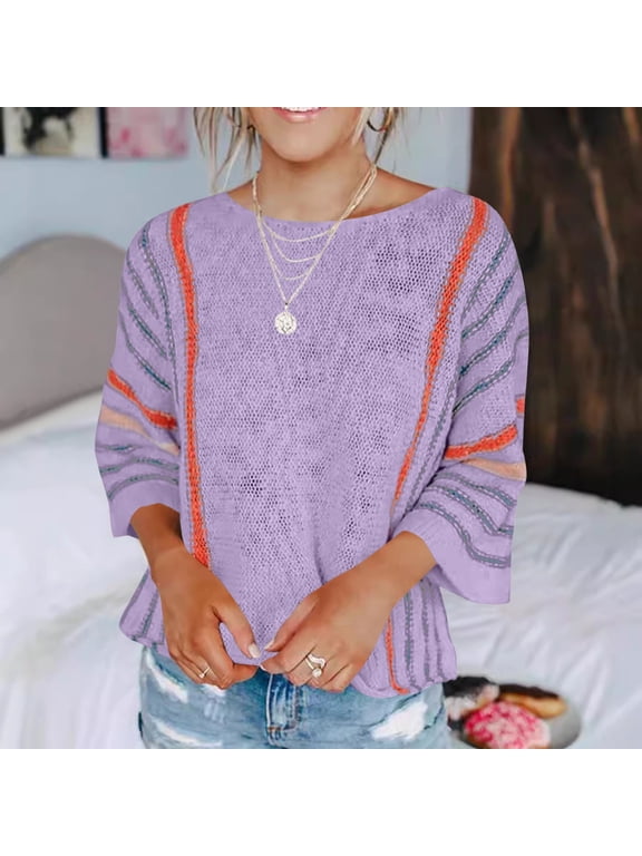 3/4 Sleeve Shirts for Women Cotton Knit Scoop Neck Blouses Casual Loose Fit Tops for Fall Purple L