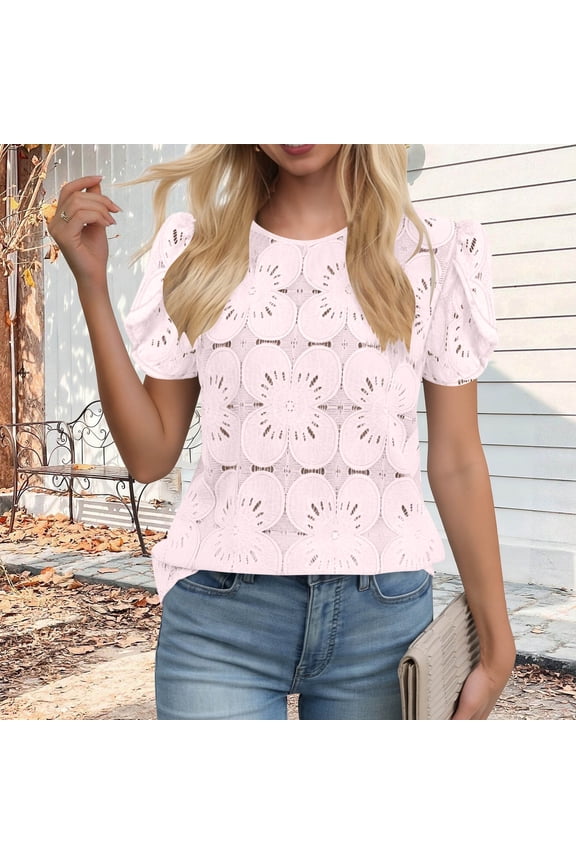 3/4 Sleeve Tops Women Eyelet Lace Hollow Out Crochet Shirts Crew Neck Embroidered Bohemian Top Pink 2XL