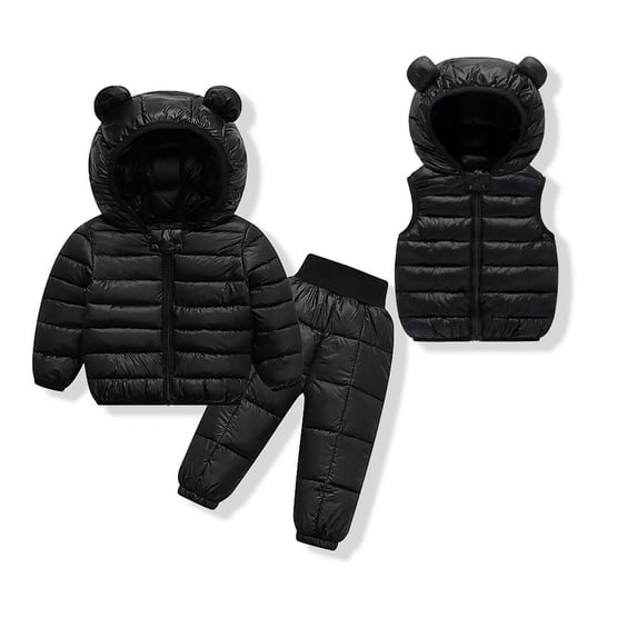 Oiangi 3PC Winter Coats and Vest Jackets Matching Pants Lightweight Puffer Padded Jacket Set Packable Snowsuit Ski Suit Black 1-2 Years