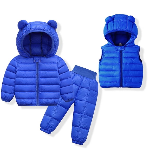 Oiangi 3PC Winter Coats and Vest Jackets Matching Pants Lightweight Puffer Padded Jacket Set Packable Snowsuit Ski Suit Blue 3-4 Years