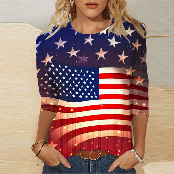 Oiangi USA Flag Patriotic Shirt for Women Plus Size 3/4 Sleeve Crew Neck 4th of July Tops Summer Memorial Day Graphic Tee Multicolor 13XL